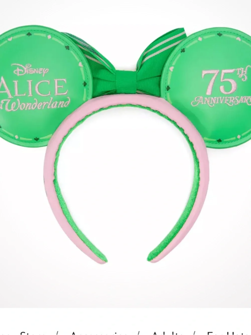 D23 BRAND NEW Alice in Wonderland Kids Ear Headband with Green Bow and Pink Band